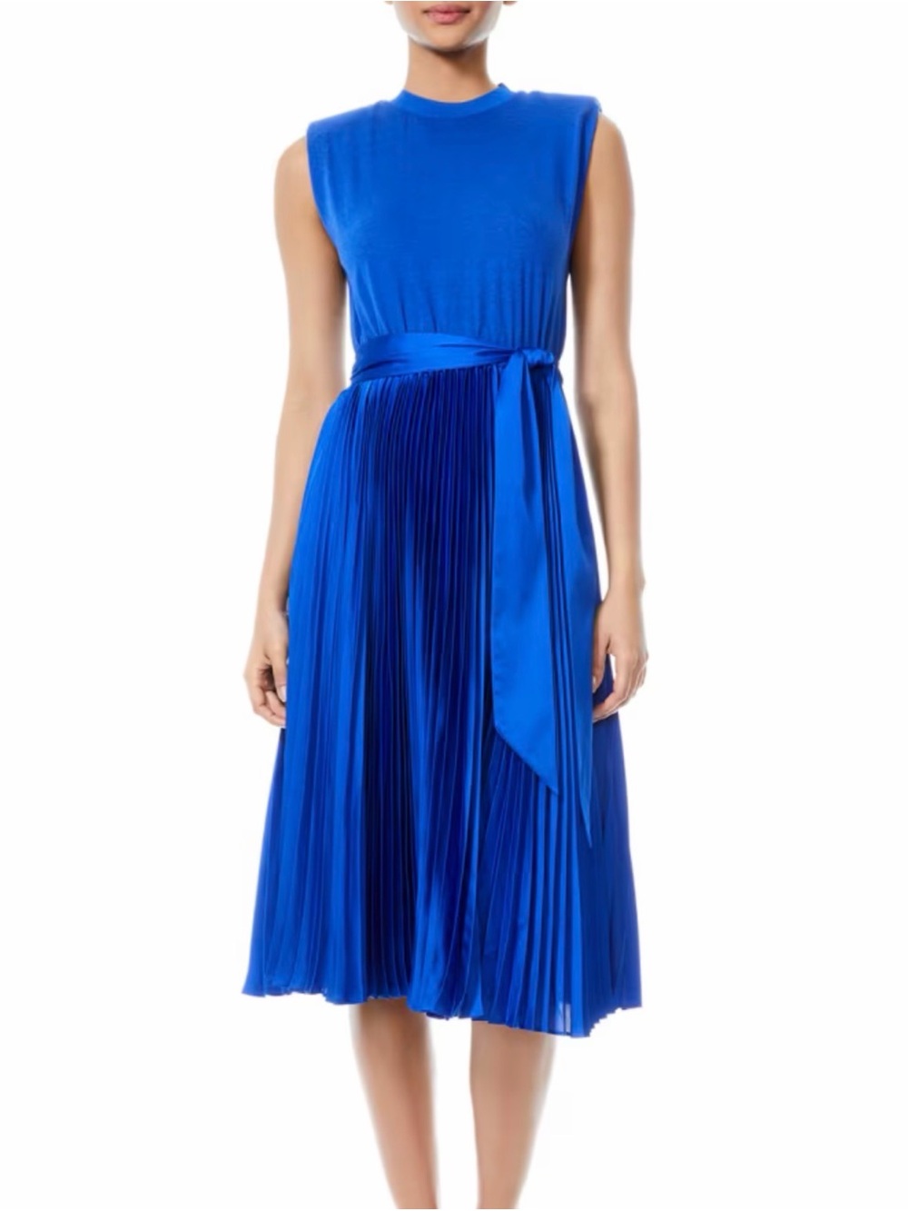 Alice + Olivia Yuki Strong-Shoulder Pleated Dress